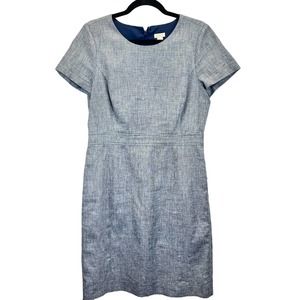 J.Crew Factory Linen Blend Dobby Dress Blue Short Sleeve Sheath Minimalist  10